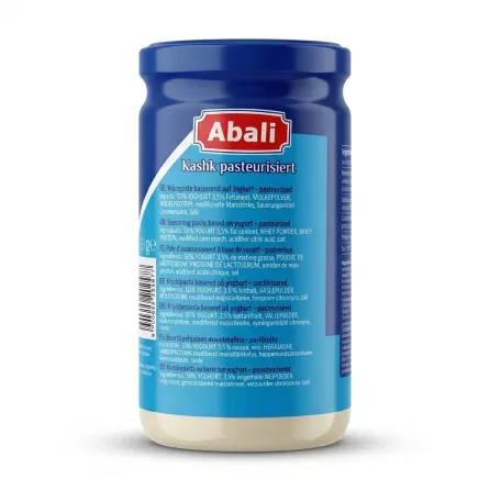 Enhanced Back label of Abali Pasteurised Kashk jar showing ingredients
