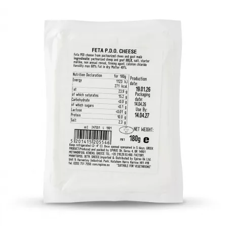 Enhanced Back of Epiros Original Feta Cheese packaging showing nutrition facts