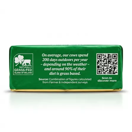 Enhanced Lakeland Dairies Pure Irish Salted Butter side view mentioning grass-fed cows and QR code