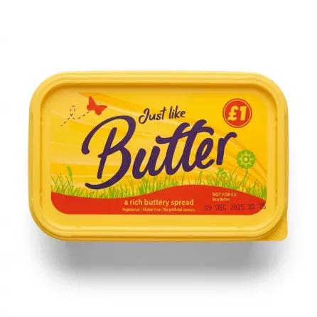 Enhanced Front view of Just Like Butter Rich Buttery Spread tub with price label