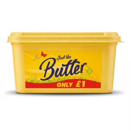 Enhanced Side view of Just Like Butter Rich Buttery Spread tub showing 'Only £1' banner