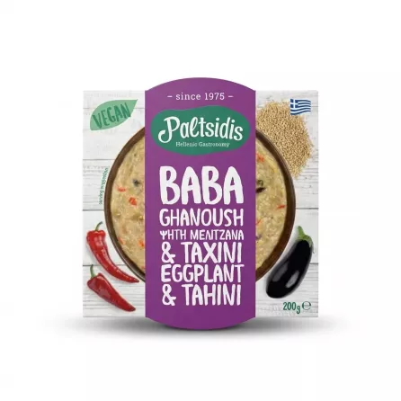 Enhanced Front of Paltsidis Baba Ghanoush Eggplant & Tahini 200g packaging