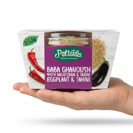 Enhanced Top front view of Paltsidis Baba Ghanoush in a hand