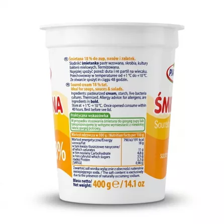 Enhanced Ingredients and nutritional information on Piatnica Smietana 18% soured cream tub