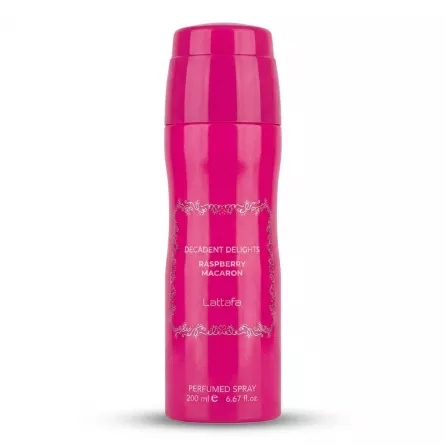 Enhanced Front of bright pink Lattafa Decadent Delights Raspberry Macaron Perfumed Spray can