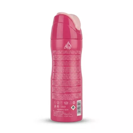 Enhanced Back of Lattafa Raspberry Macaron Perfumed Spray showing ingredients and safety information