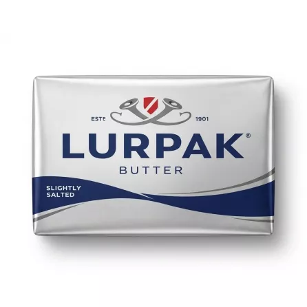 Enhanced Lurpak Slightly Salted Butter 200g held in hand front view