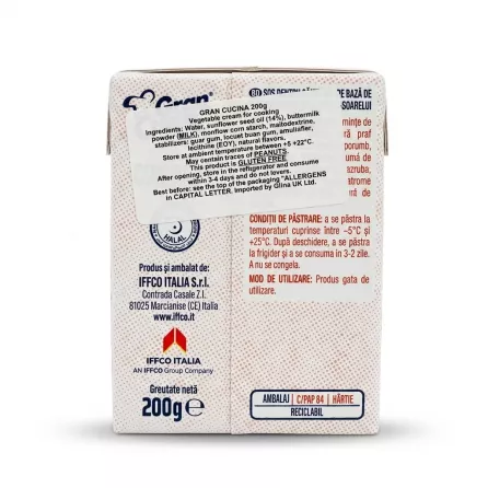 Enhanced Back of Gran Cucina Original Gluten Free Cooking Cream with ingredients and certifications