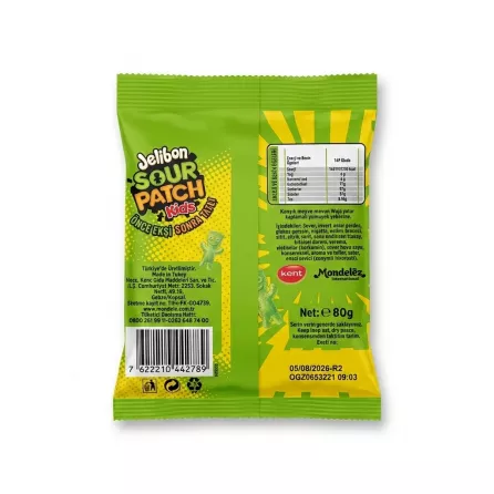 Enhanced Back of Kent Jelibon Sour Patch Kids 80g pack showing nutritional information