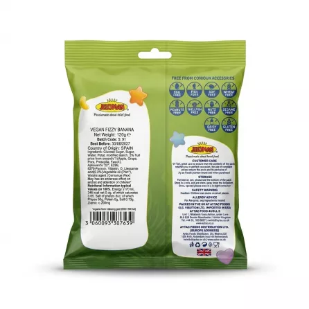 Enhanced Back of Jellyman Vegan Fizzy Banana Bites bag showing ingredients and certifications