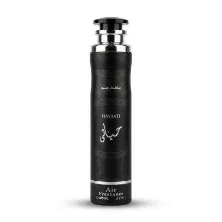 Enhanced Front view of Hayaati Air Freshener 300ml can black design