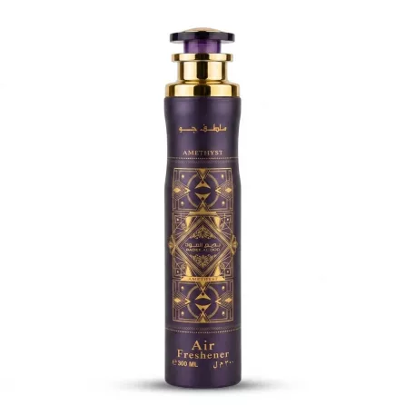 Enhanced Front of Badee Al Oud Amethyst Air Freshener 300ml bottle with purple and gold design