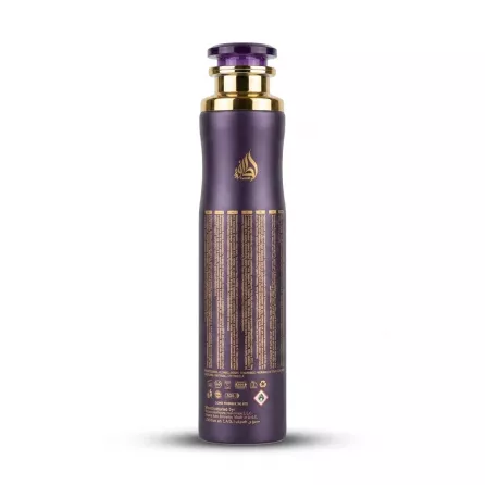 Enhanced Back of Badee Al Oud Amethyst Air Freshener 300ml can with ingredients and instructions