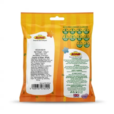 Enhanced Back view of Jellyman Vegan Bites Bear packaging showing ingredients and allergy info