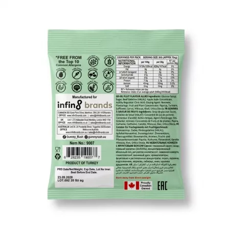 Enhanced Back of Gummy Rush Gummy Unicorns Chewy Chews pack displaying ingredients, nutritional information, and barcode
