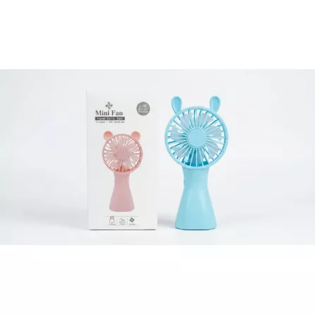 Enhanced Blue Mini Fan hand held fan displayed next to product packaging