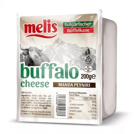 Enhanced Package of Melis Bulgarian Buffalo Cheese 200g with nutritional information and branding