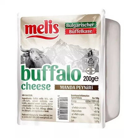 Package of Melis Bulgarian Buffalo Cheese 200g with nutritional information and branding