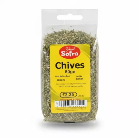 packet of Sofra dried chives showing 50g packaging with yellow label