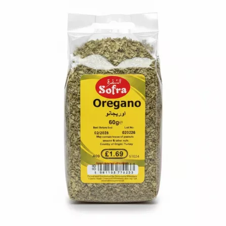 Clear bag of dried oregano leaves with yellow Sofra brand label