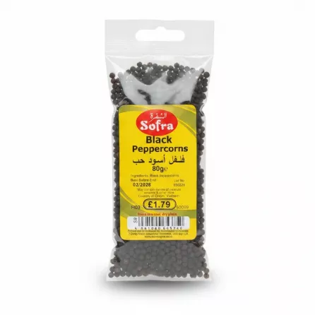 Pack of Sofra Black Peppercorns in clear plastic pouch with yellow label