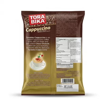 Enhanced Back of Torabika Cappuccino pack showing description and preparation instructions