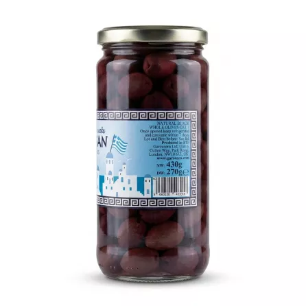 Enhanced Back label of Garusana Kalamon Greek Whole Olives showing weight and barcode
