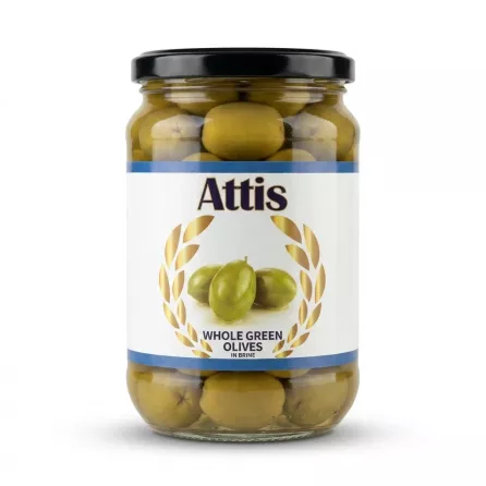 Enhanced Jar of Attis Whole Green Olives in brine front label