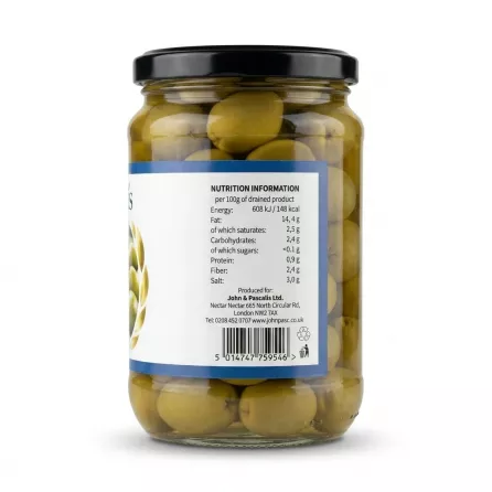 Enhanced Back of Attis Whole Green Olives jar showing nutrition information and barcode
