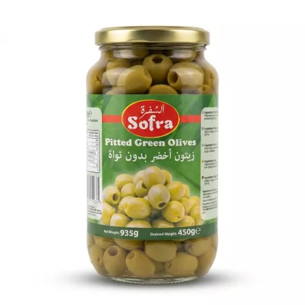 Enhanced Front label of Sofra Pitted Green Olives 935g jar showing product branding and olives.
