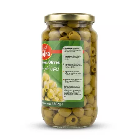 Enhanced Side label of Sofra Pitted Green Olives jar with ingredient list and care instructions.
