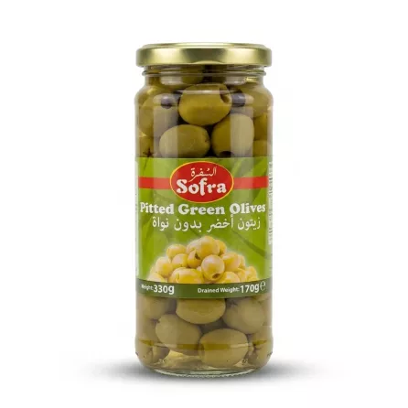 Enhanced Front of Sofra Pitted Green Olives jar 330g
