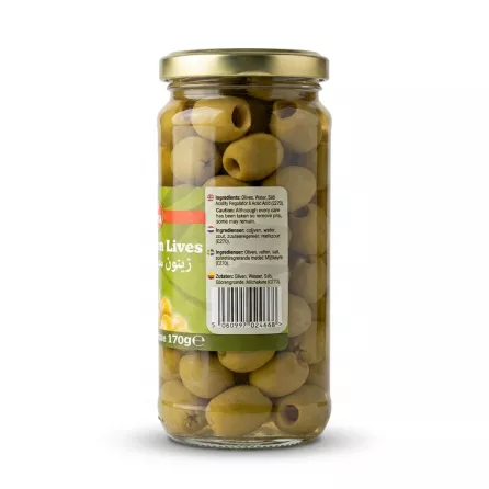 Enhanced Back of Sofra Pitted Green Olives jar showing ingredients and barcode