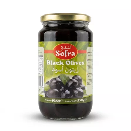 Enhanced Front view of Sofra Black Olives 935g jar with label