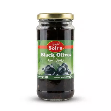 Enhanced Front label of Sofra Black Olives 340g jar held in hand