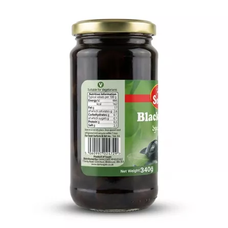 Enhanced Back label of Sofra Black Olives 340g jar showing nutritional information and barcode