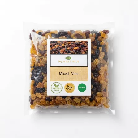 Enhanced Madina Mixed Vine dried fruit pack with vegan and halal certifications