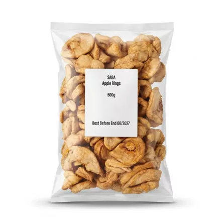 Enhanced Transparent bag of SARA dried apple rings 500g with label