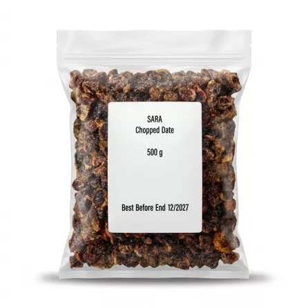 Enhanced SARA Chopped Date 500g pack with clear label