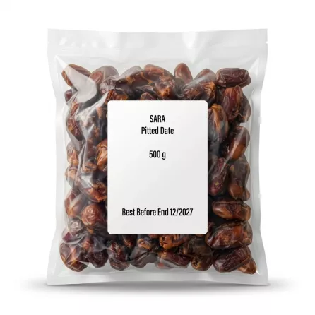 Enhanced SARA Pitted Dates 500g pack in clear sealed packaging
