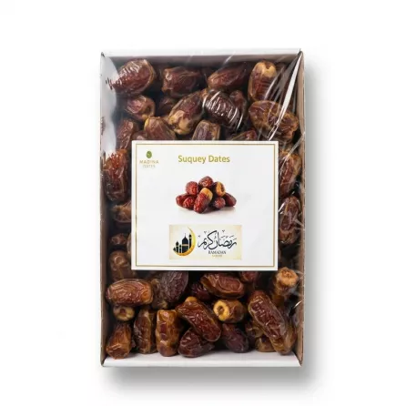 Enhanced Box of Madina Suquey Dates packed in transparent wrapping