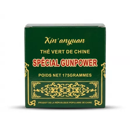 Enhanced Xin'anyuan Special Gunpowder Green Tea packaging displaying product details