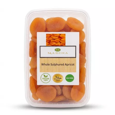 Enhanced A clear plastic tub of Madina Whole Sulphured Apricot with vegan, halal, and vegetarian labels on the packaging