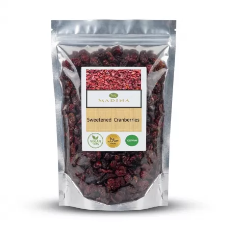 Enhanced Pack of Madina Sweetened Cranberries labeled vegan halal vegetarian