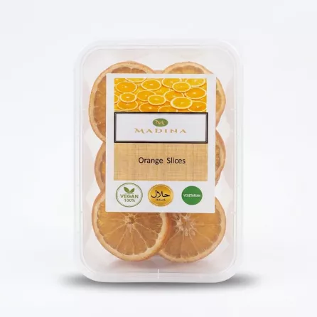 Enhanced Pack of Madina Orange Slices with vegan, halal and vegetarian labels