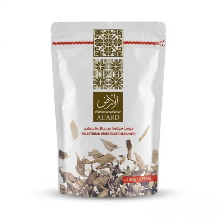 Enhanced Front of Al'Ard Palestinian Dried Sage 100g bag showing dried sage leaves