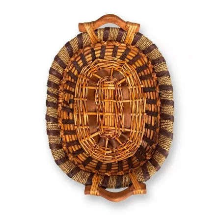 Enhanced Top view of an oval handwoven wicker basket with handles
