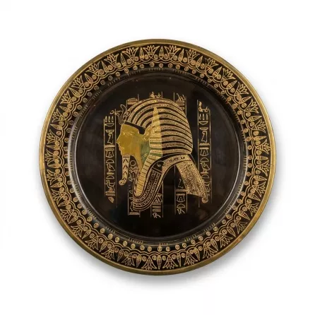 Enhanced Egyptian brass decorative wall plate with pharaoh head and gold detail