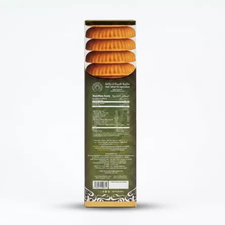 Enhanced Back of Alait Taibah Date Filled Biscuits 400g box showing nutrition and ingredients