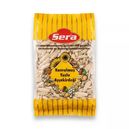 Enhanced Hand holding Sera Roasted & Salted Sunflower Seeds in clear yellow packaging